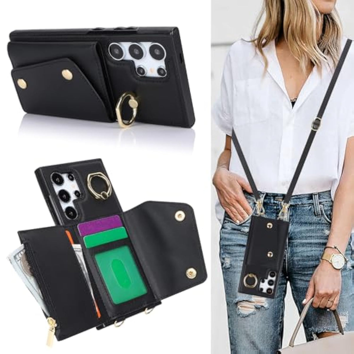 For Galaxy S25 Ultra (Not S25) Case For Women, Crossbody Wallet With Card Slot Lanyard Wrist Strap Shockproof Purse Kickstand Cover For Samsung S25 Ultra.Crossbody Black