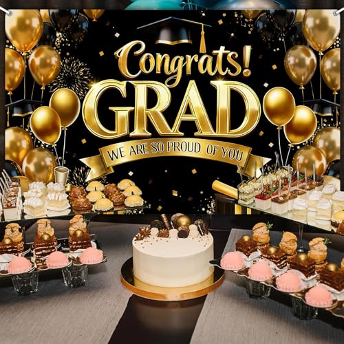 Graduation Banner Gold and Black Congratulations Class of 2026 Backdrop Graduation Party Decorations Photo Booth Props (6x3.6ft)