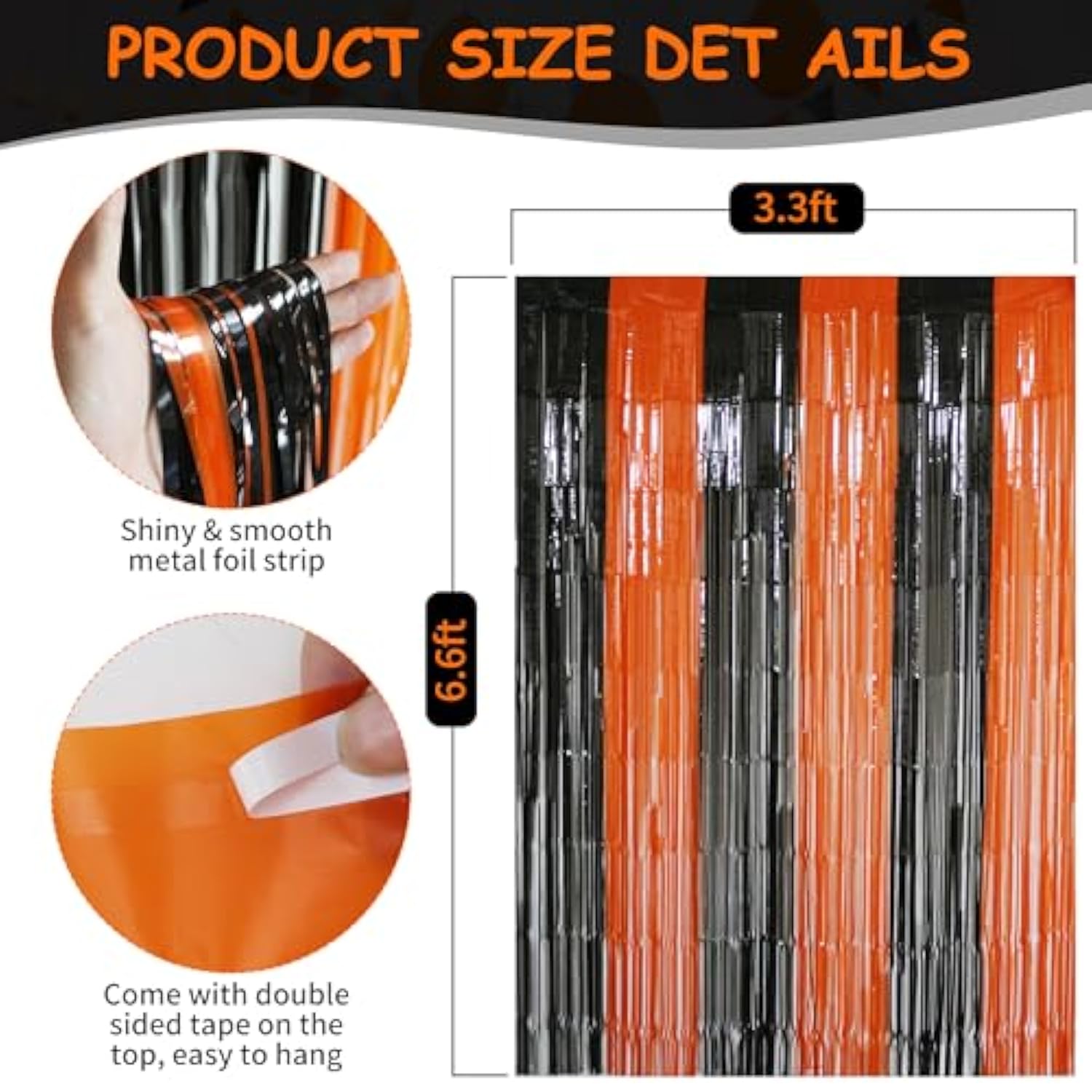 2 Pack Black Orange Foil Fringe Curtains 6.6x6.6ft Halloween Party Backdrop Decor