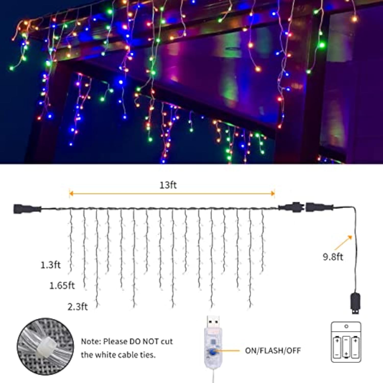 13Ft Icicle Christmas Lights 96 Led Usb/Battery Curtain Fairy Lights With 18 Drops Icicle Lights For Wedding Christmas H