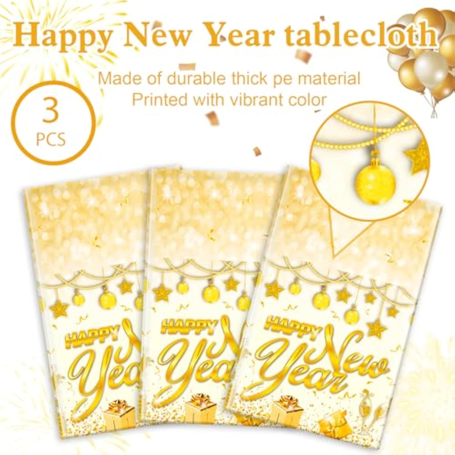 3Pcs White Gold New Year Tablecloth 108x54in 2026 Party Decorations