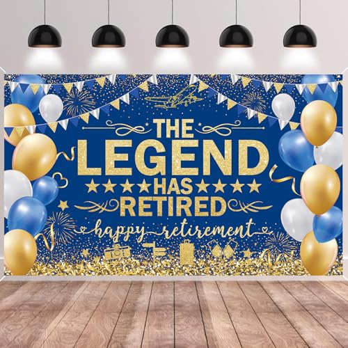 Blue Gold The Legend Has Retired Banner Backdrop Photography Background Hanging Happy Retirement Party Decoration for Men Women Office Colleagues Farewell Accessories Supplies 72.8 * 43.3in