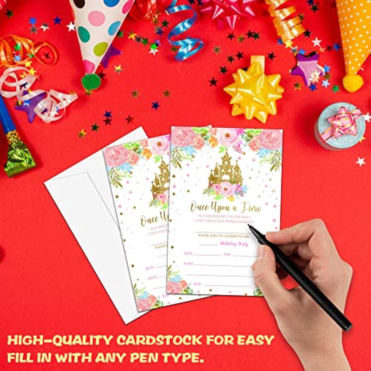 Princess Birthday Party Invitation, Fairytale Castle Themed Fillin Invites, 20 Gold Foil Floral Invitations With Envelopes For Teens Girls (4 X 6), Kids Royal Party Favors Decorations And Supplies