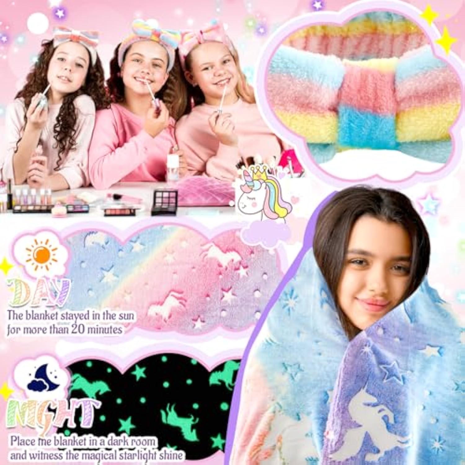 18 Pcs Sleepover Party Supplies, 6 Glow In The Dark Pink Blanket 6 Coral Fleece Spa Headband 6 Eye Mask Covers For Sleeping Slumber Sleepover Spa Party Gift(Cute)