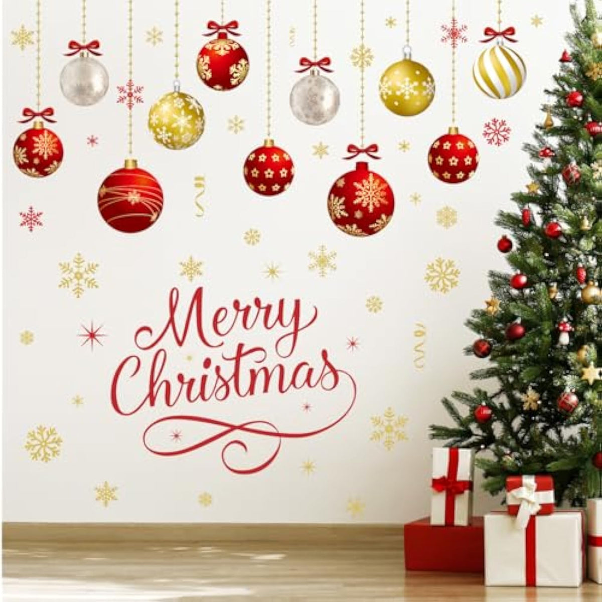Christmas Wall Decals - 6 Sheets Removable Decorations, Stickers For Wall, Window, Refrigerator Door - Balls And Ornaments