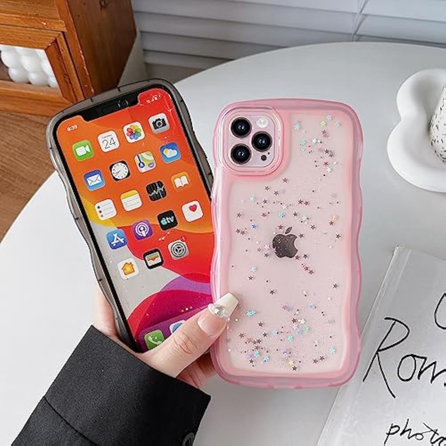 For Iphone 15 Case 6.1", Curly Wave Design Transparent Bling Glitter Star Shiny Cute Clear Transparent Shockproof Protection Soft Phone Cover For Women Girls, Pink