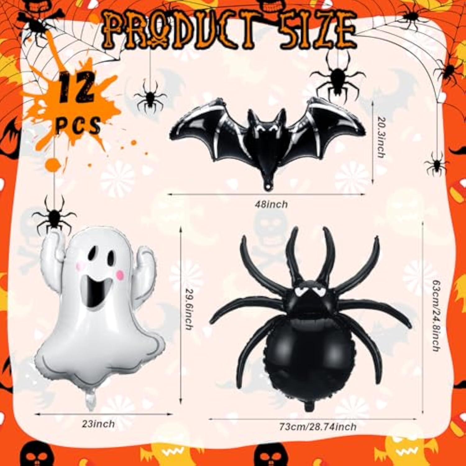 12Pcs Halloween Foil Balloons - Ghost, Bat & Spider Decorations for Party and Photo Props