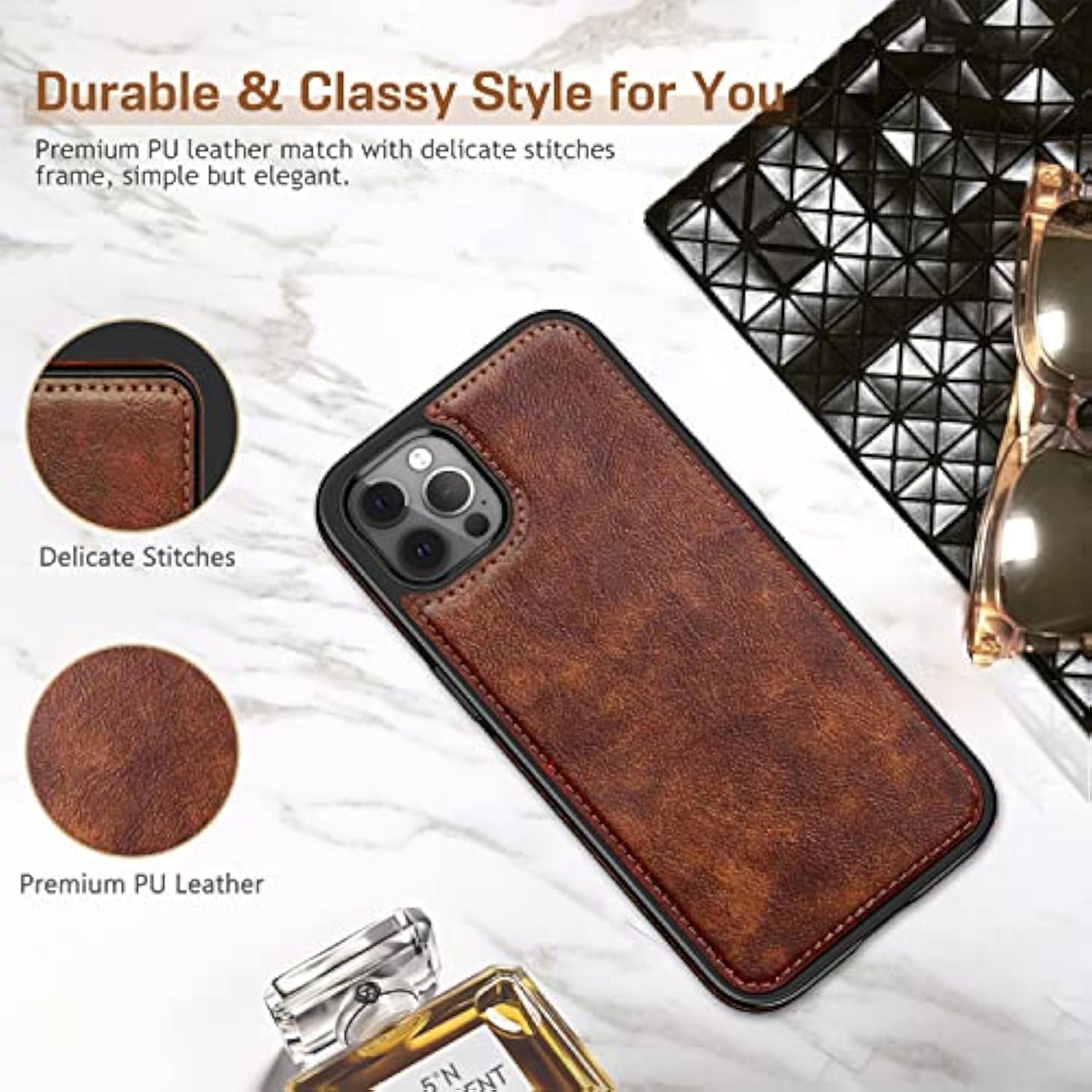 For Iphone 14 Pro Leather Case Compatible With Magsafe, Slim Luxury Pu Non-Slip Grip Rugged Bumper Shockproof Full Body Protective Cover Phone Cases For Iphone 14 Pro 5G 6.1" (2022) - Brown