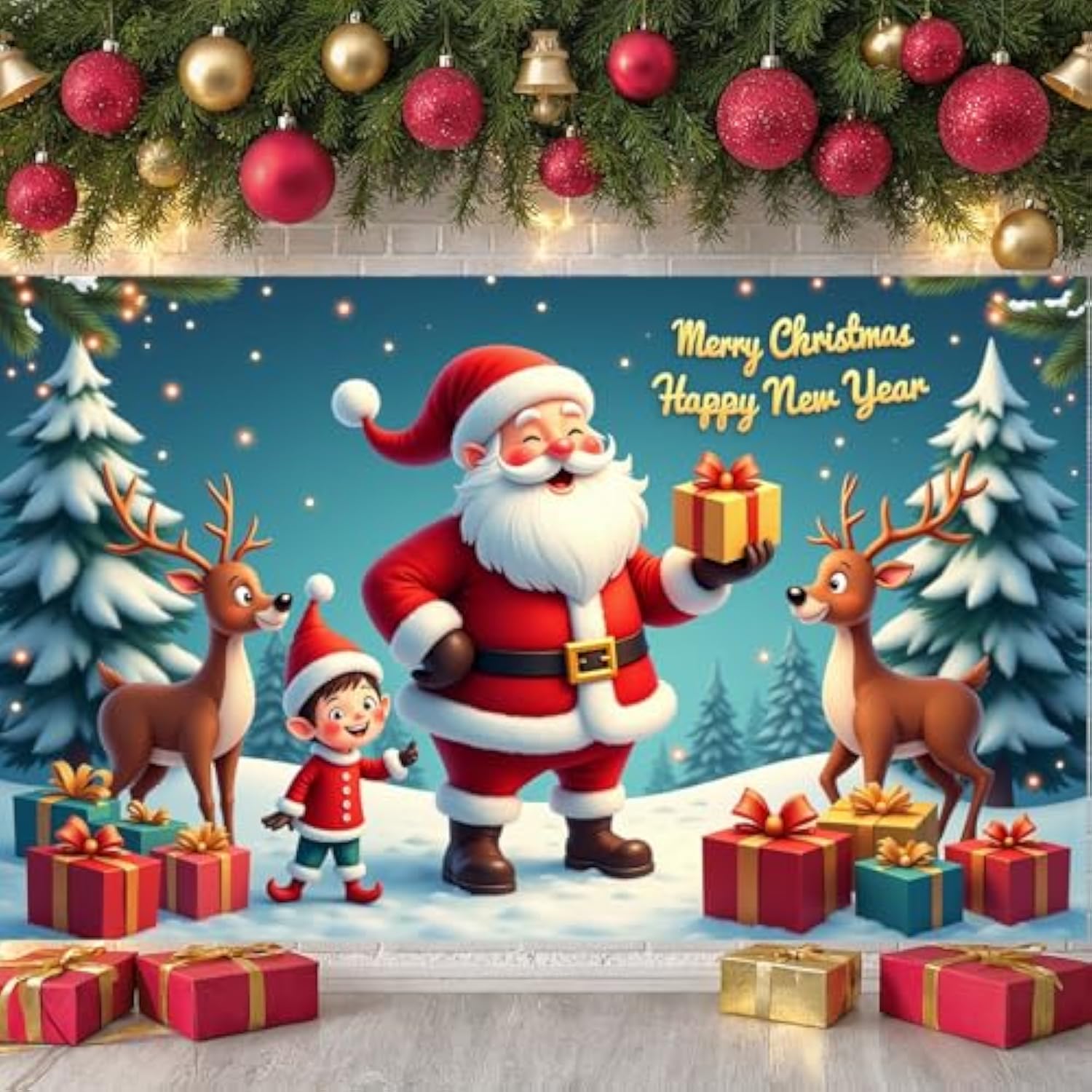 Cute Santa & Elk Banner 71x43in Christmas Photo Booth Backdrop Party Decor