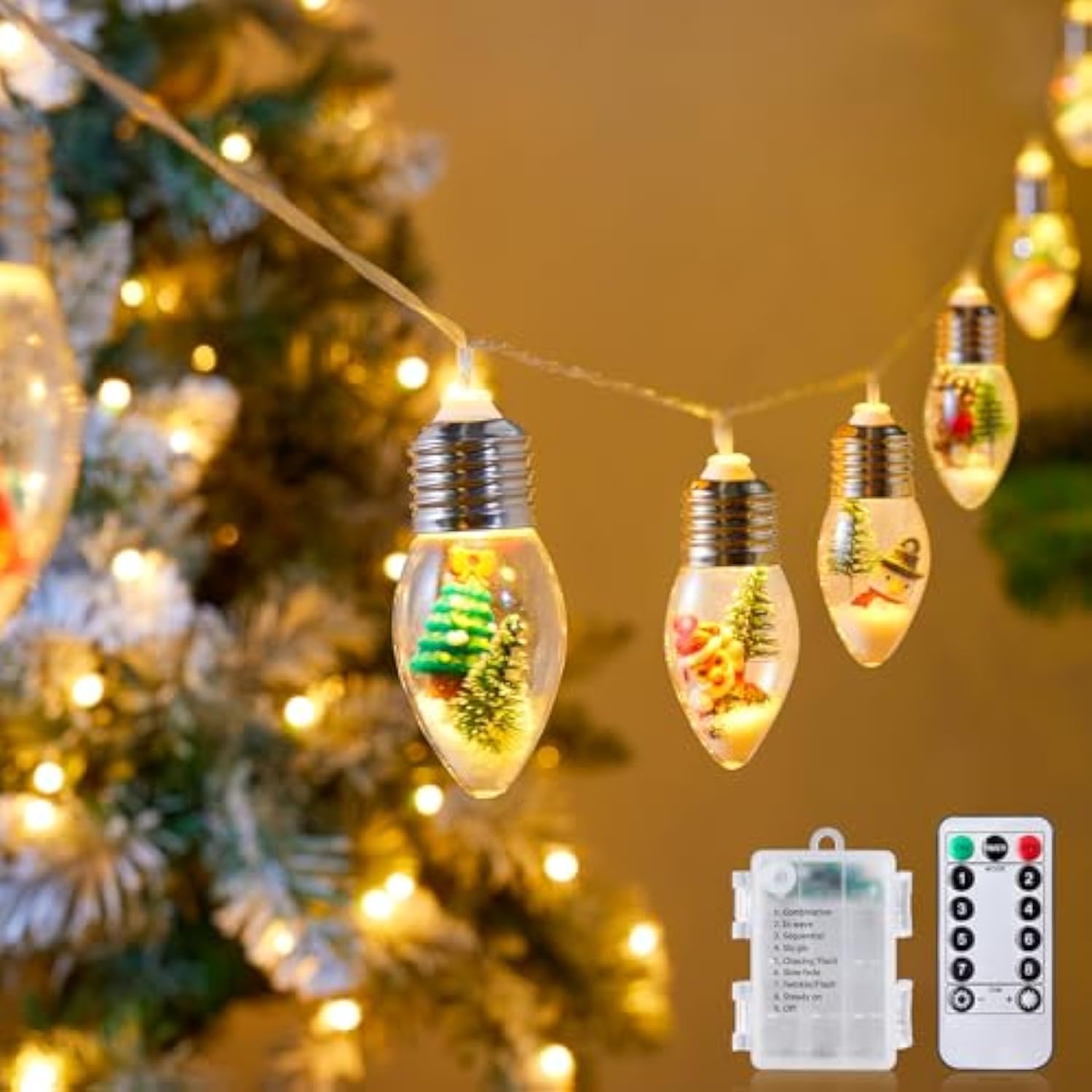 Vintage-Christmas-Lights-Indoor-String-Lights, 7.5Ft C9 Christmas Snow Globe String Lights With Tree & Snow & Cute Ornam