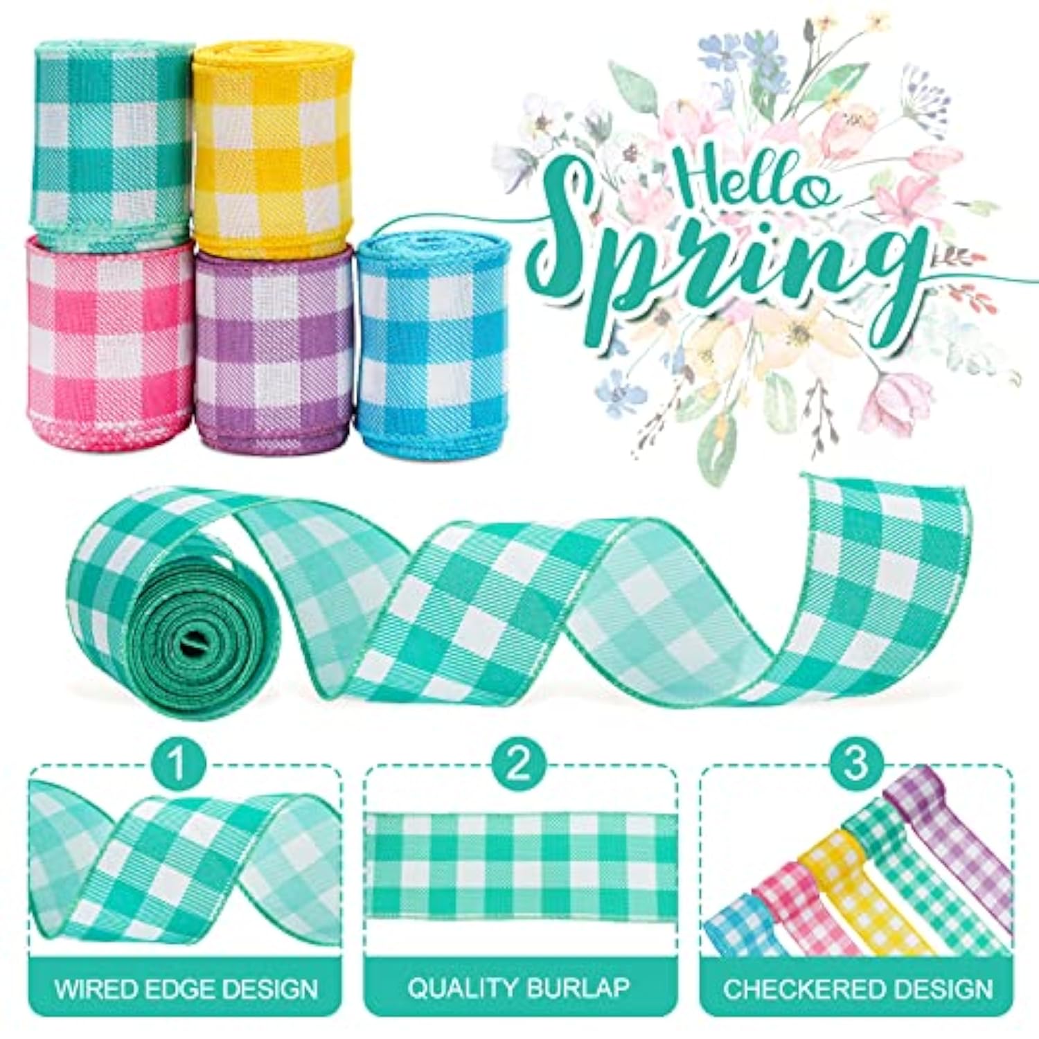 Spring Wired Edge Ribbon 30 Yards Pastel Gingham Patterned Ribbon Colo