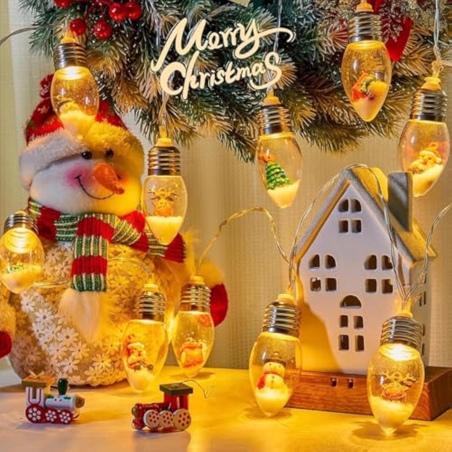 Indoor Christmas Lights, 7.5Ft Battery Powered String With Santa, Gifts And Adorable Ornaments Inside Snow Globes, Ideal