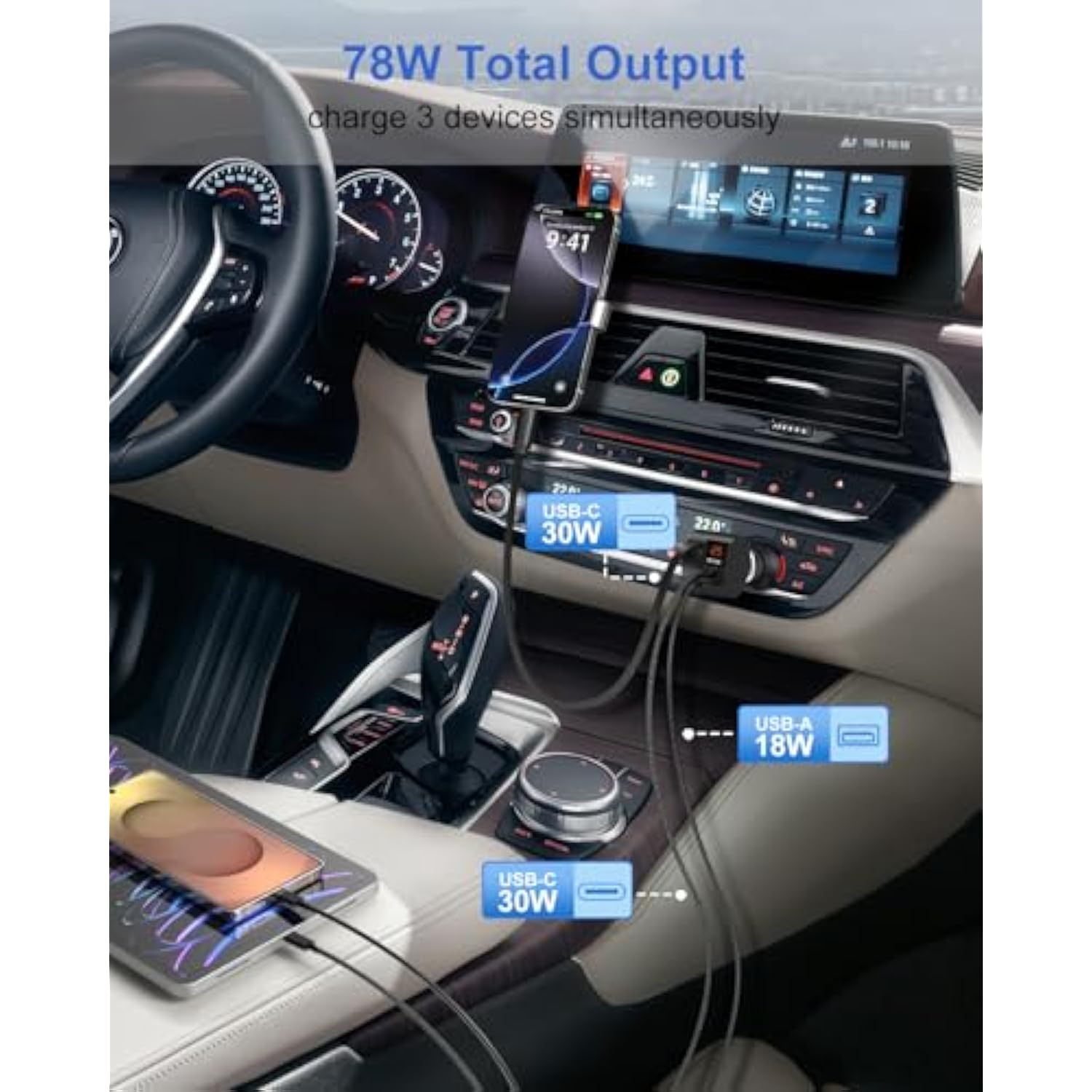 Usb C Car Charger For Iphone 17 16 Pro Max, Retractable Car Charger 78W Fast Charging Cigarette Lighter Adapter Voltmeter Multi-Ports For Iphone 15 Ipad Galaxy S25, With 6Ft Usb C To C Cable