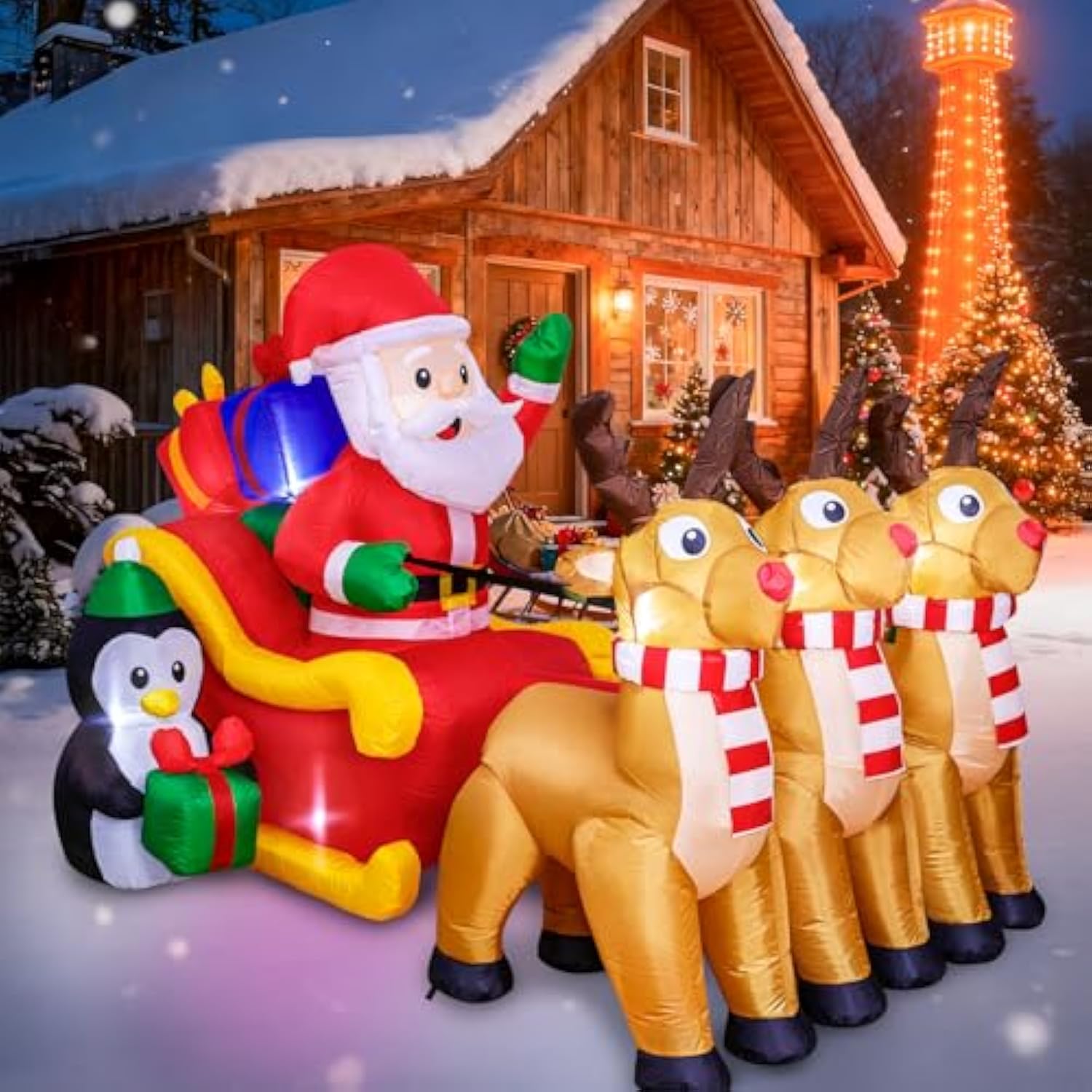 7.6Ft Christmas Inflatable Santa Claus With Sleigh And 3 Reindeer, Penguin With Gift, Lighted Blow Up Yard Decorations O