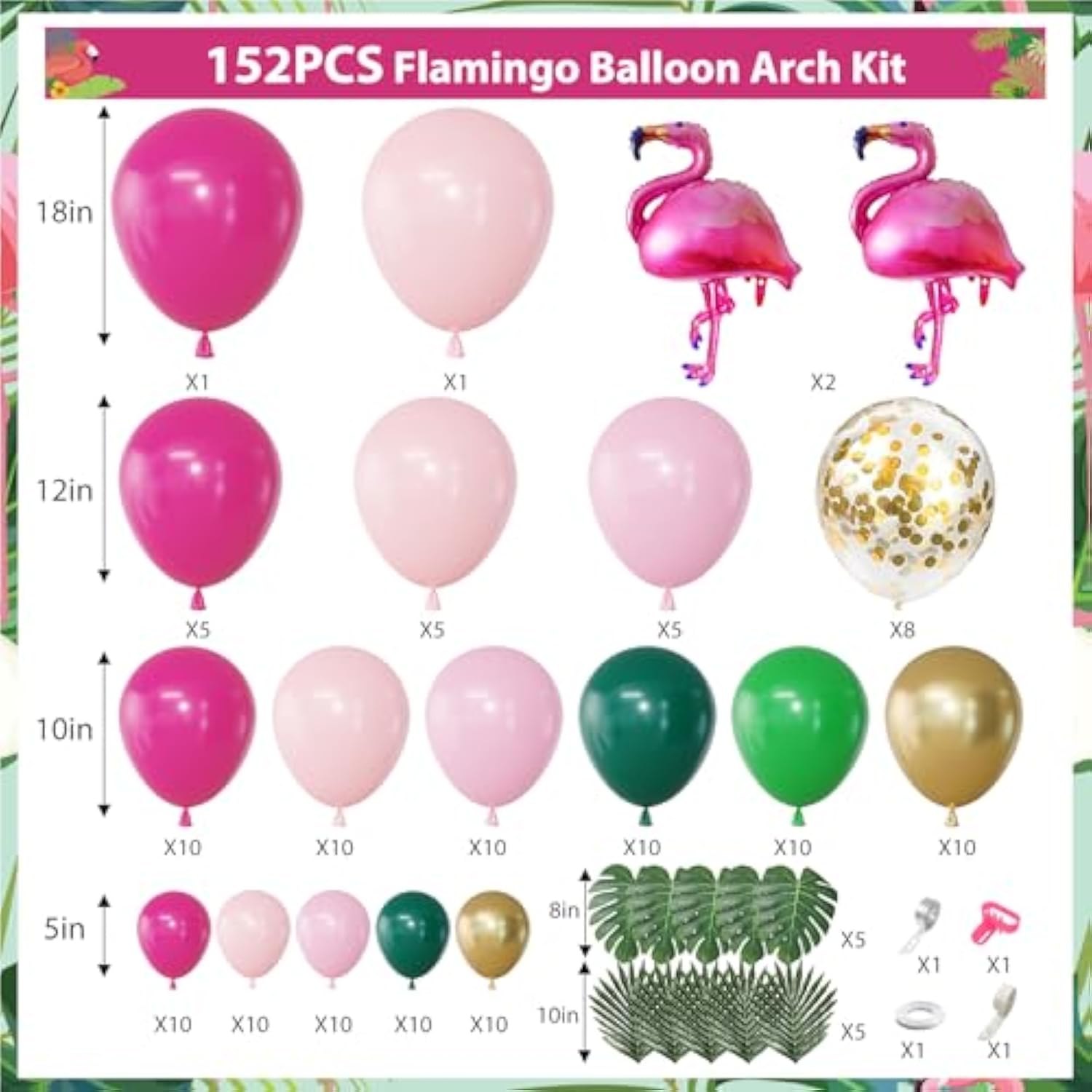 156Pcs Tropical Flamingo Balloon Arch Garland Kit, Hot Pink Dark Green Light Pink Gold Confetti Flamingo Foil Balloons With Palm Leaves For Hawaiian Luau Aloha Summer Beach Birthday Party Decorations