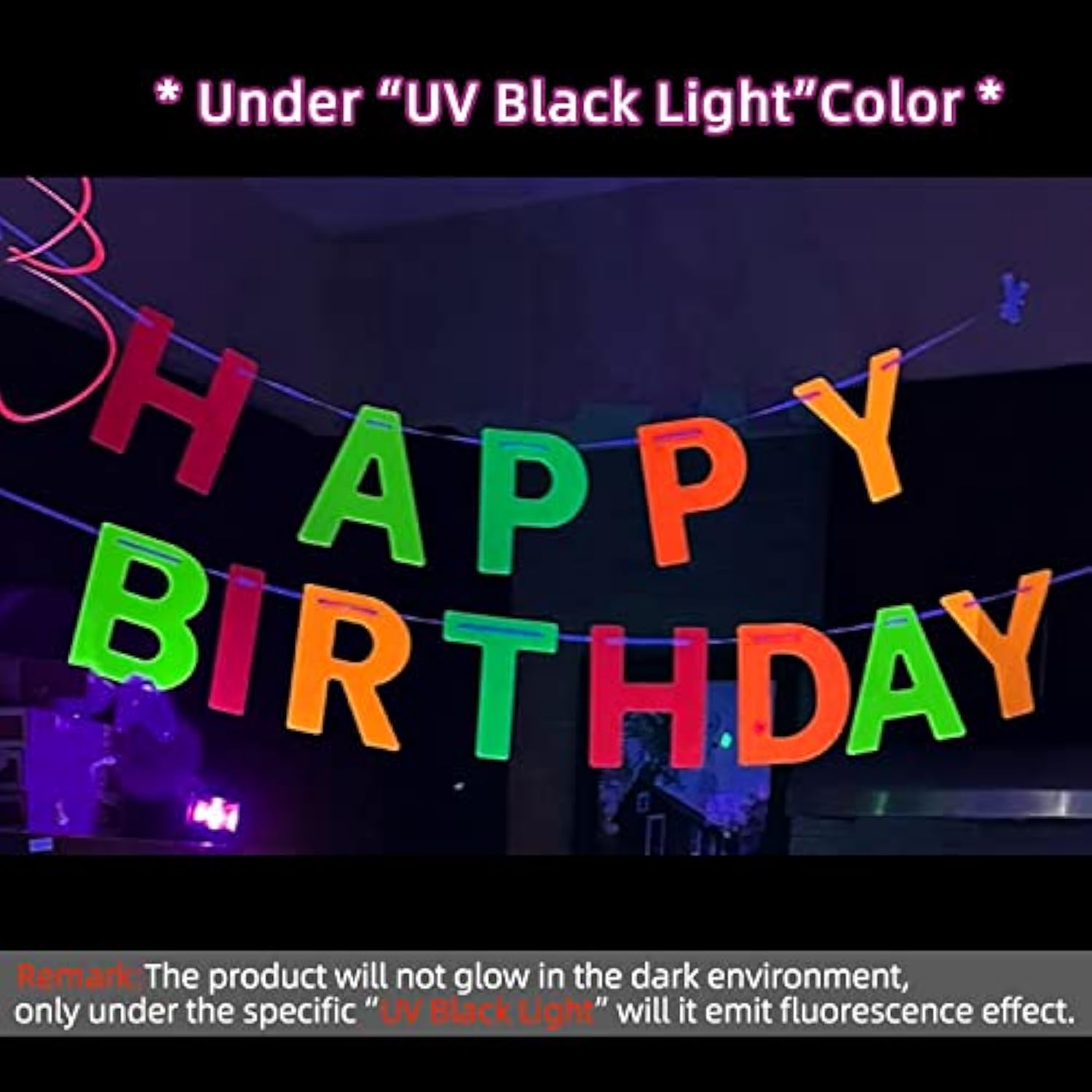 Neon 'Happy Birthday' Banner, Uv Glow Party Supplies & Decorations, Neon Color, Letter Print, 118.08 X 8.7 Inches, Birthday Occasion