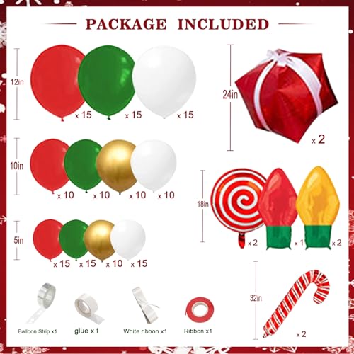 Christmas Balloon Arch Kit - 152 Pcs Red Green Gold Balloon Garland Decor with Candy Cane, Red Star Big Foil for Christma, Birthday, New Year Party Decorations