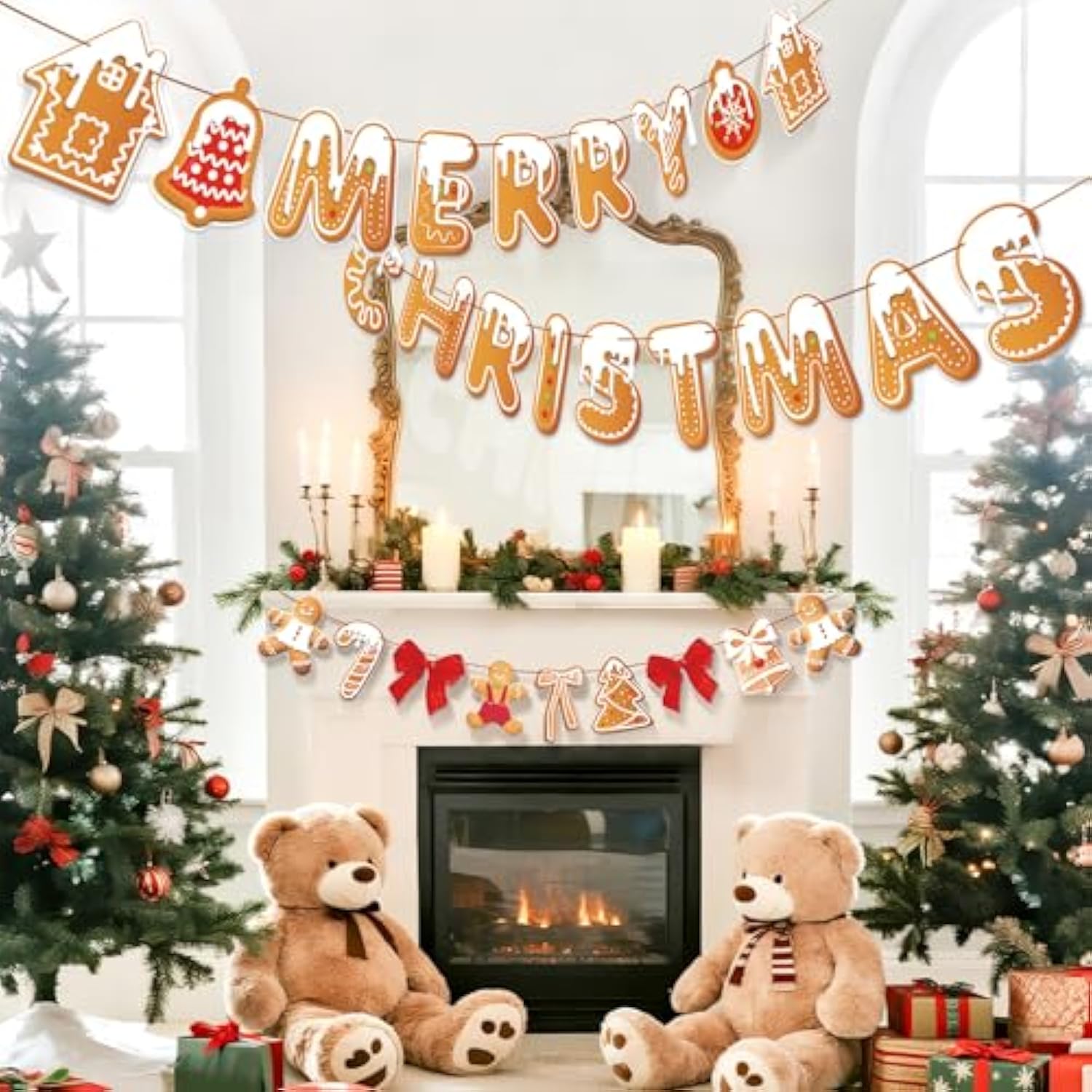 Gingerbread Christmas Decoration Merry Christmas Banner,3 Pcs Gingerbread Christmas Garland,Xmas Backdrop Cute Hanging Decor For Wall, Tree, Door, Yard, Home, Office, Indoor Outdoor.