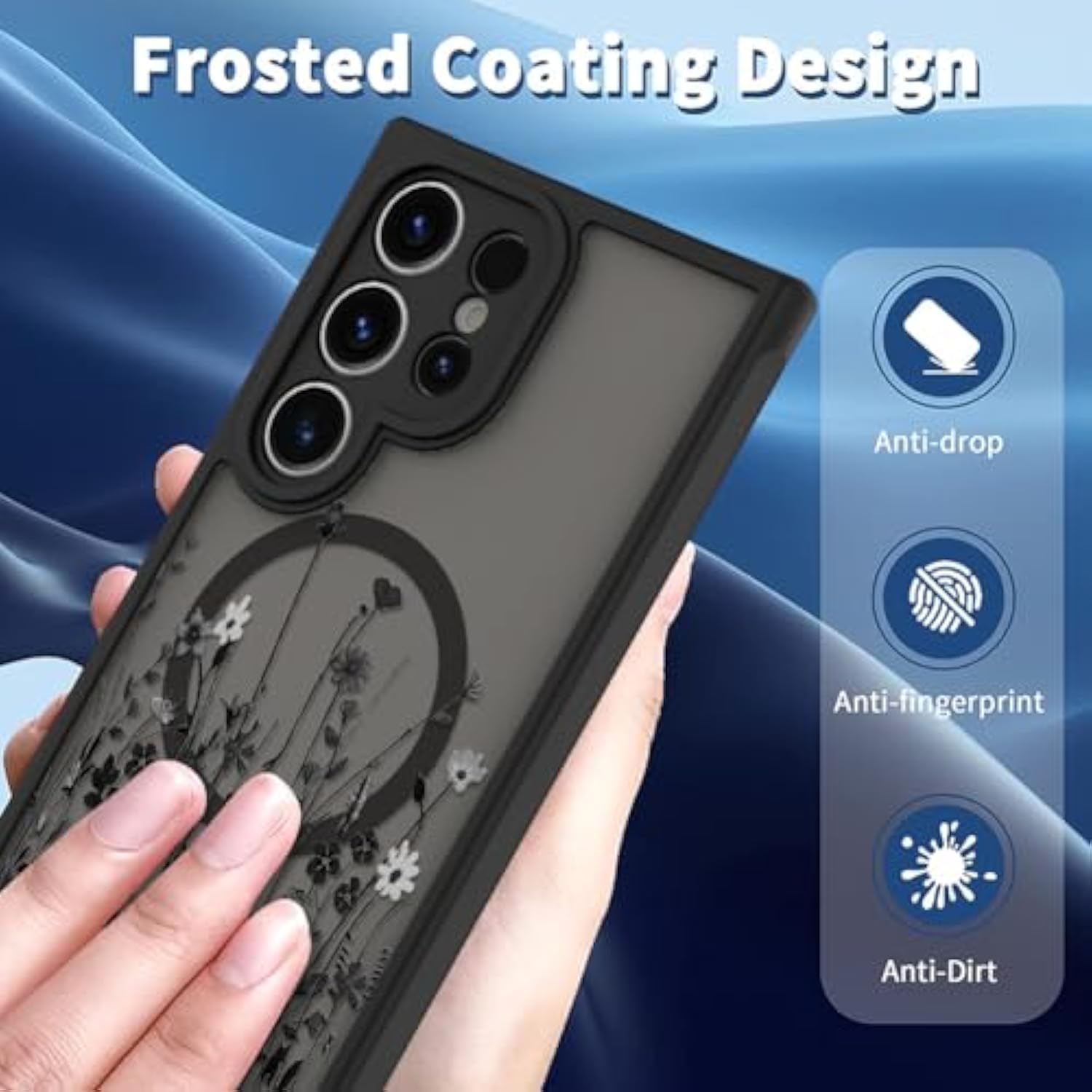 OOK Magnetic for Samsung Galaxy S24 Ultra Black Phone Case Wild Flower 12FT Military Grade Drop Tested Full Body Protection, for S24 Ultra Case, Wild Flower