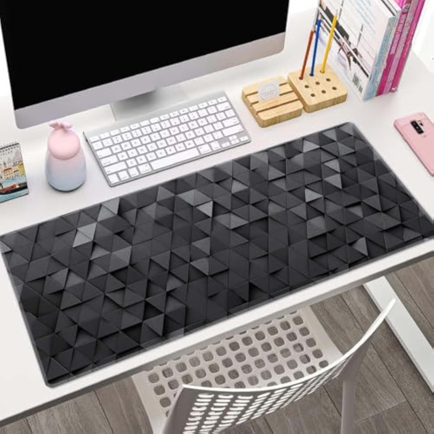 Gaming Mouse Pad, Large Mouse Pads For Desk, Non-Slip Rubber Base Mousepad, Keyboard Mouse Mat, Desk Pad With Stitched Edges, 31.5X11.8Inch, Black Grey Triangular Abstract