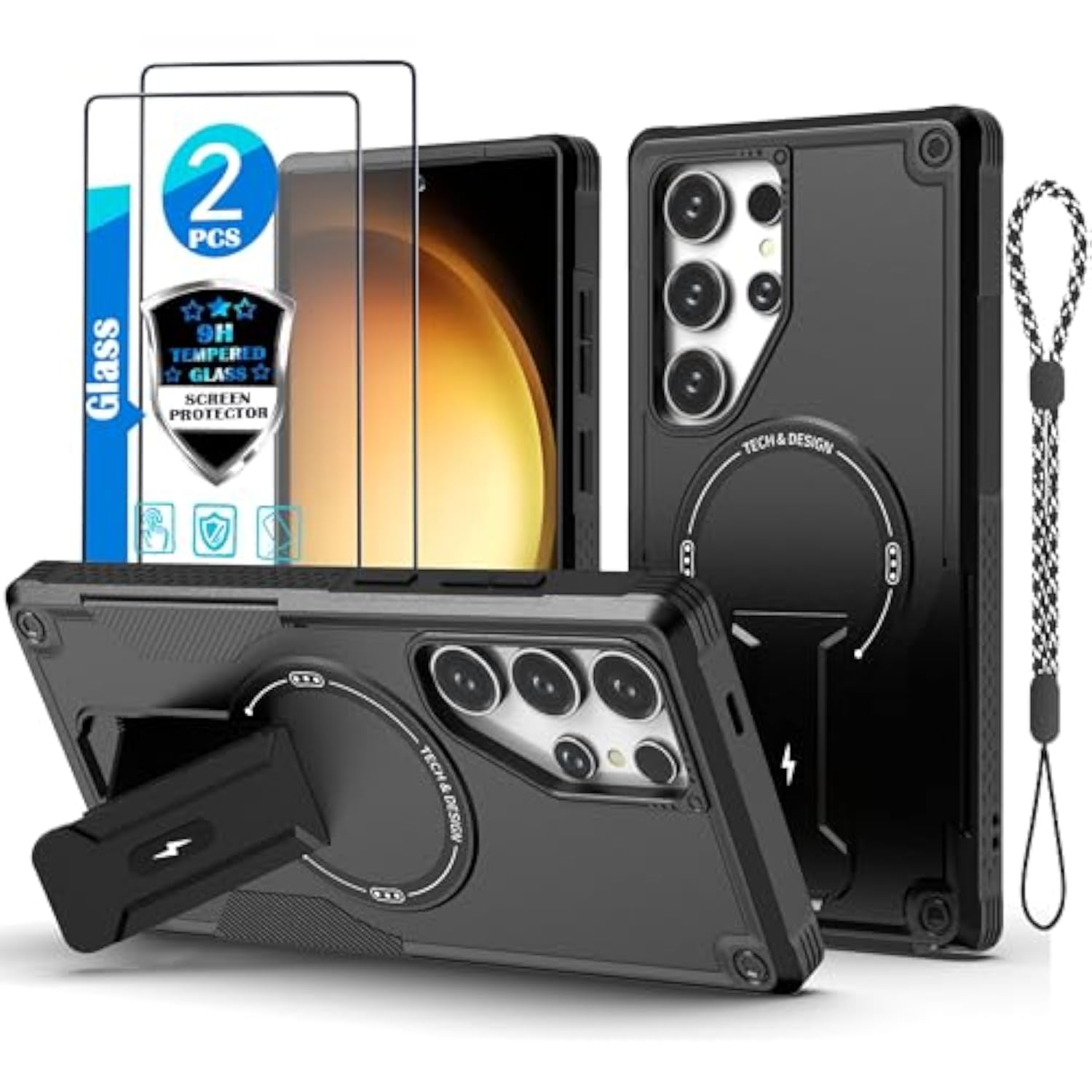 Samsung Galaxy S24 Ultra Case with MagSafe Compatible, 2 Pcs Fingerprint Unlock Glass Screen Protector, Built in Invisible Stand, Shockproof Protective Phone Cover 6.8-inch Black