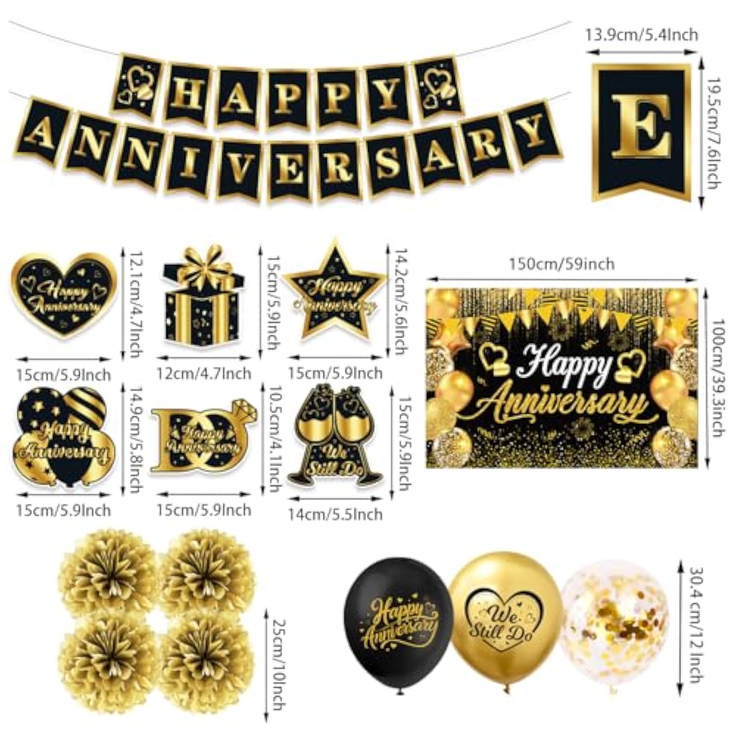 Happy Anniversary Decorations, Black And Gold Happy Anniversary Banner Wedding Party Decorations With 18Pcs Balloons, Backdrop, Hanging Swirls, Pompoms