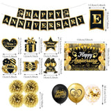 Happy Anniversary Decorations, Black And Gold Happy Anniversary Banner Wedding Party Decorations With 18Pcs Balloons, Backdrop, Hanging Swirls, Pompoms