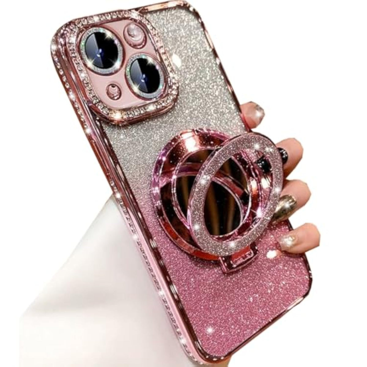 Magnetic Kickstand Glitter Case For Iphone 15 Plus, [Compatible With Magsafe] Bling Sparkly Rhinestone Diamond With Camera Protector Makeup Mirror Women Girls Case For Iphone 15 Plus (Pink)