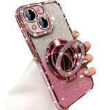 Magnetic Kickstand Glitter Case For Iphone 15 Plus, [Compatible With Magsafe] Bling Sparkly Rhinestone Diamond With Camera Protector Makeup Mirror Women Girls Case For Iphone 15 Plus (Pink)