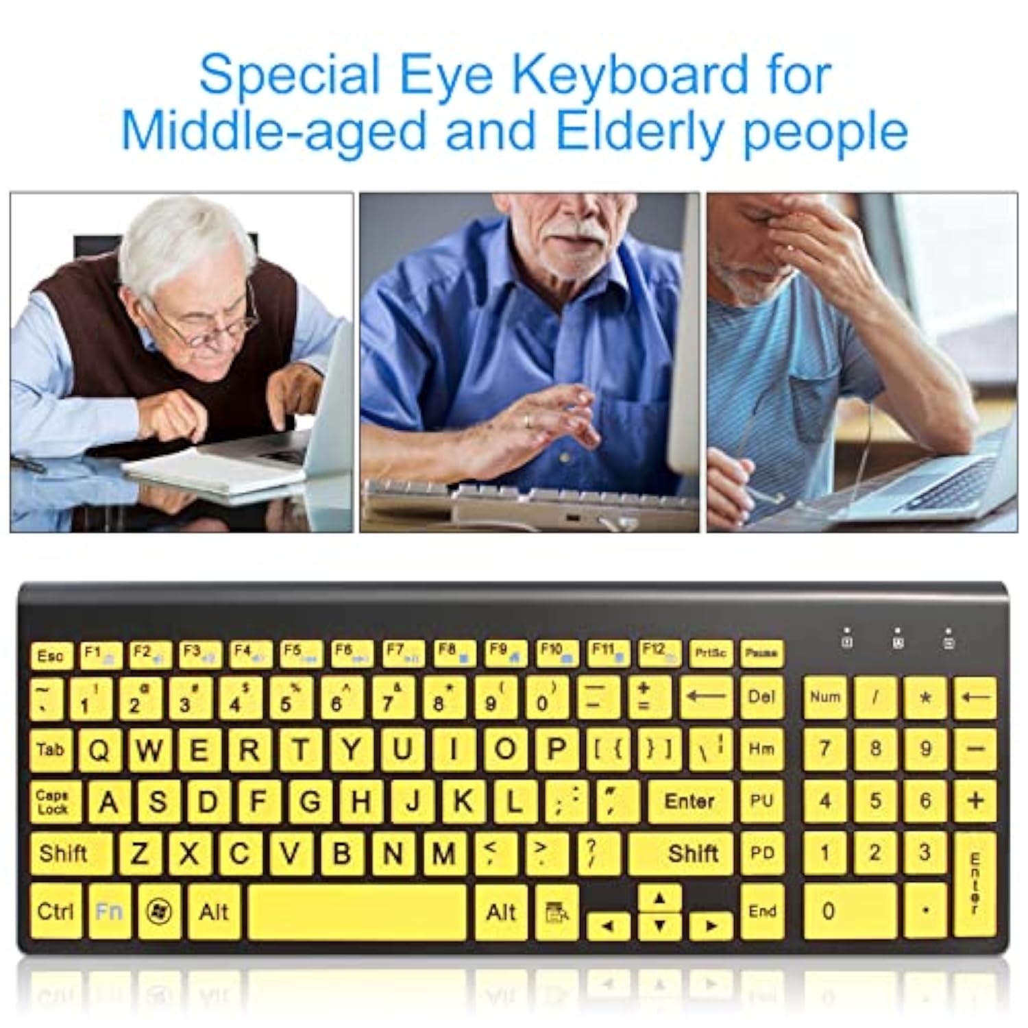 -Wireless Large Print Keyboard And Mouse Set With Usb Receiver| Quiet Scissor Switch | For Seniors And Visually Impaired Low Vision Individuals-Yellow