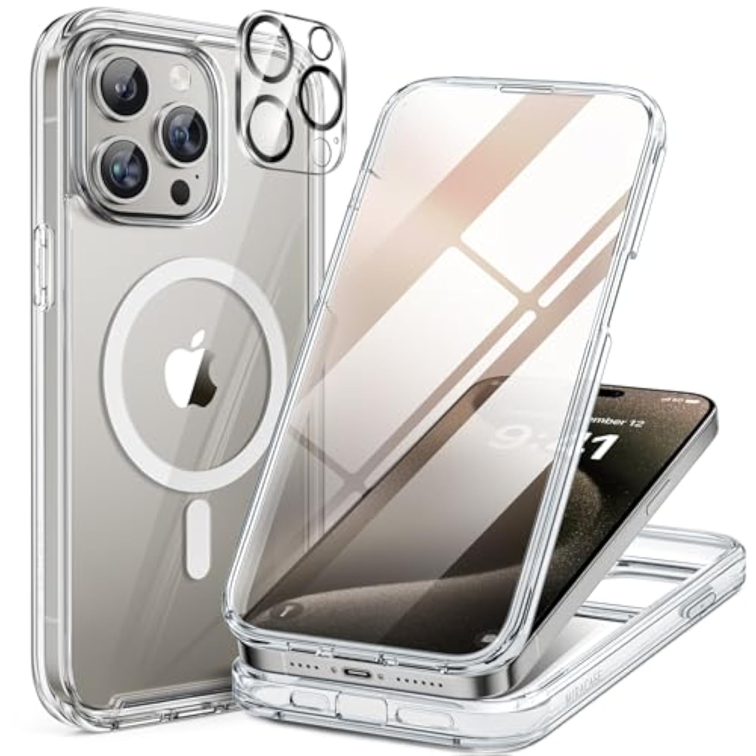 Magnetic For Iphone 15 Pro Case [Compatible With Magsafe] Full-Body Bumper Phone Case With Built-In Glass Screen Protector& Camera Protector, Military Drop Proof 15 Pro Cover 6.1 Inch,Clear