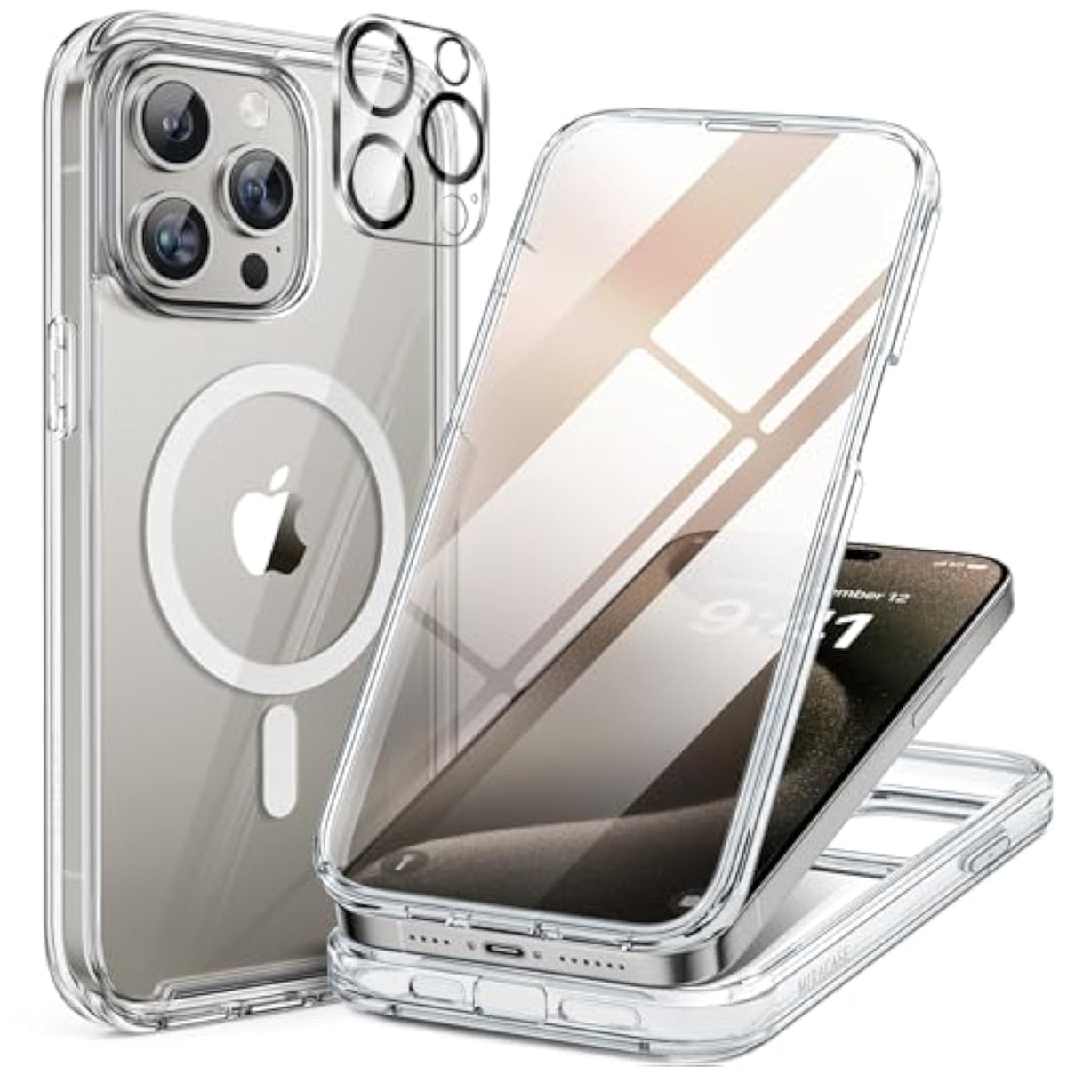 Magnetic For Iphone 15 Pro Case [Compatible With Magsafe] Full-Body Bumper Phone Case With Built-In Glass Screen Protector& Camera Protector, Military Drop Proof 15 Pro Cover 6.1 Inch,Clear