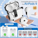 4-In-1 Case For Airpods 4 With Secure Lock, Auto-Open, Compatible With Apple Airpods 4 With/Without Active Noise Cancellation 2024 Cover With Cleaner & Keychain, Anti-Scratch Drop Protection