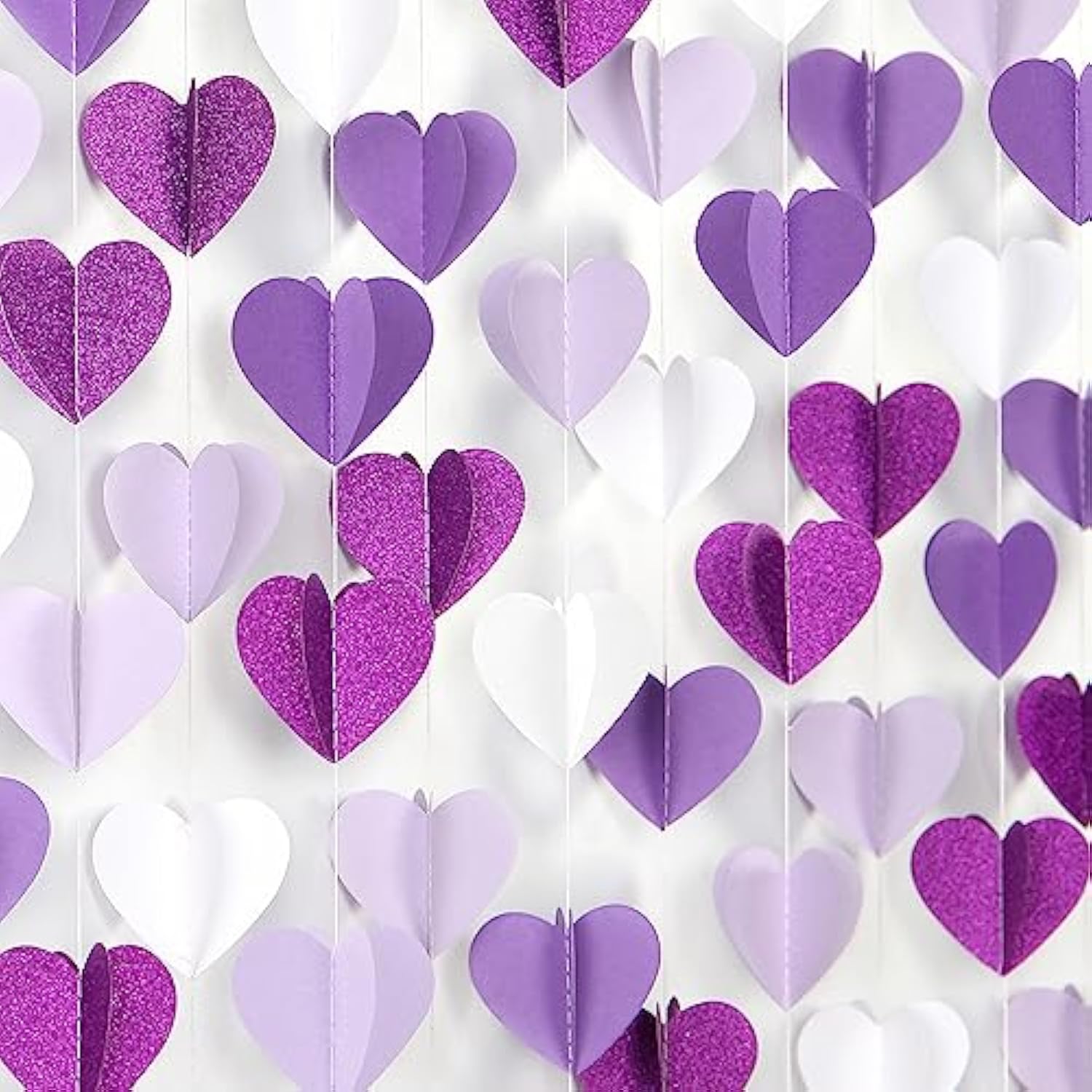 Purple White Lavender Party-Decorations Heart-Garland - 39Ft 3D Women Girl Birthday Supplies Hanging Paper Streamers Banner,Baby Bridal Shower Wedding Engagement Bachelorette Graduation Decor
