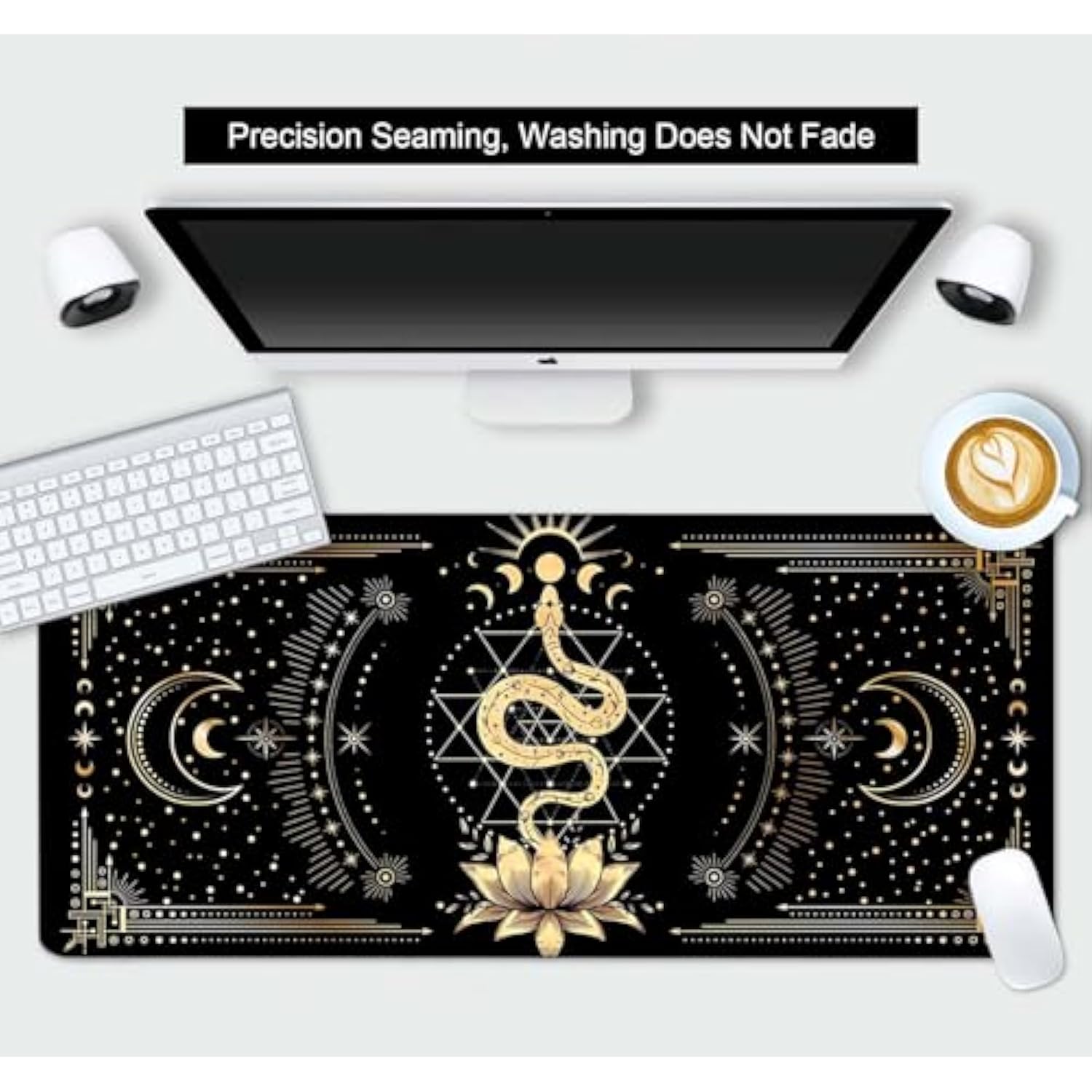 Black & Gold Large Mouse Pad, Boho Snake Witch Desk Mat For Desktop, Women Gaming Full Desk Mousepad, Moon Phases Computer Laptop Protector Writing Pad For School Office Home 35.4X15.7 In