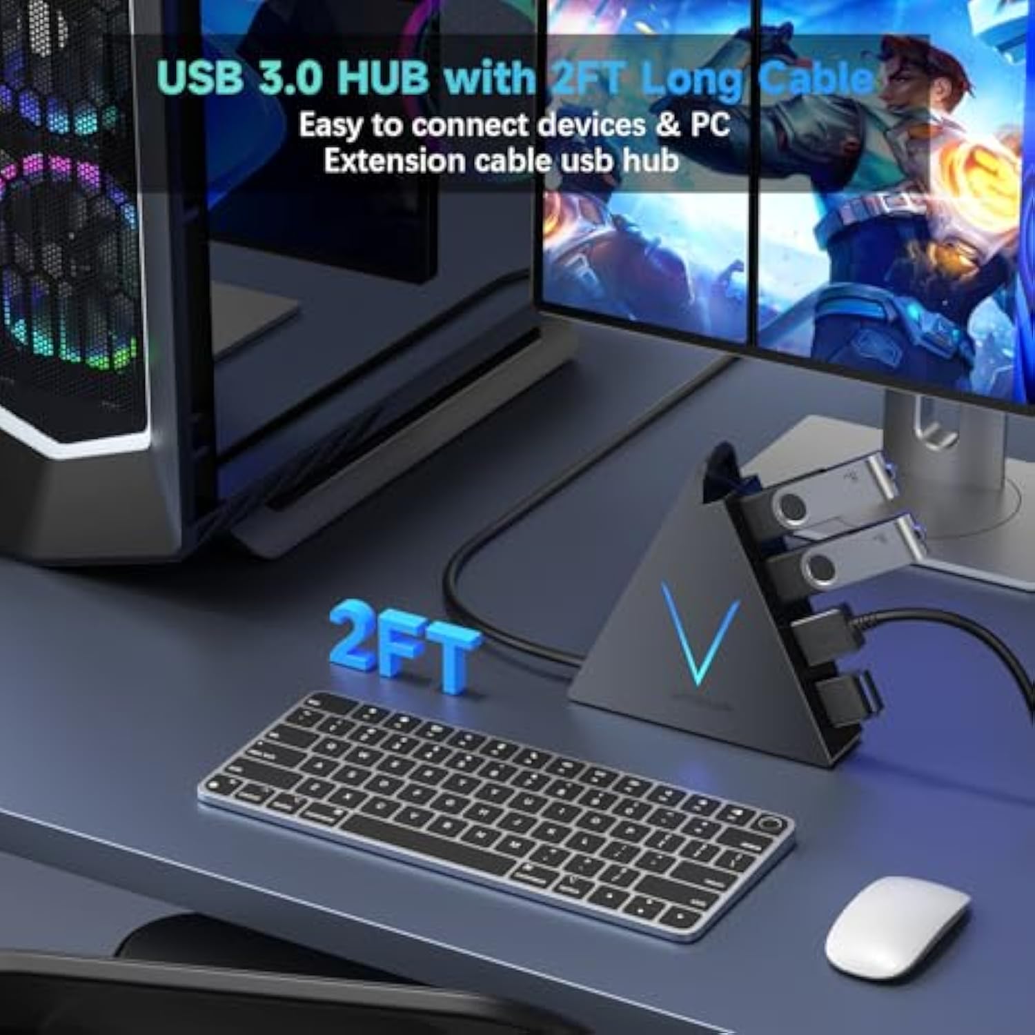 4-Port Usb 3.0 Hub, Flyingvhub Vertical Data Usb Hub With 2 Ft Extended Cable,