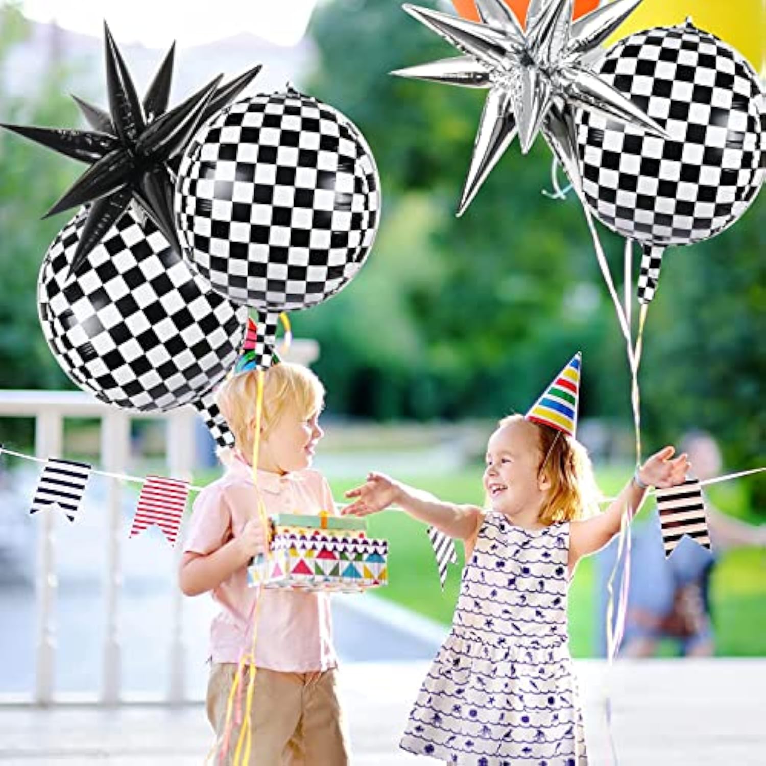 6 Pcs Race Car Checkered Balloons 3 Pcs Explosion Pointed Star Foil Balloons For Racing Party Decorations, 22'' Jumbo Sphere 4D Black And White Checkered Flag Mylar Balloons For Birthday Party