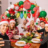 Christmas Balloon Garland Arch Kit, 158Pcs Red Green Gold White Balloons with Xmas Light Bulb Candy Cane Foil Balloon for Christmas Birthday New Year Party Decorations
