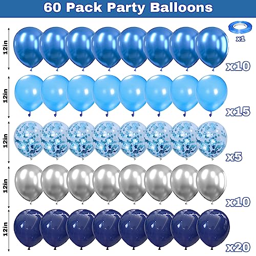 Blue Silver Balloons for Boys, 60PCS Thick Retirement Birthday Balloon Men