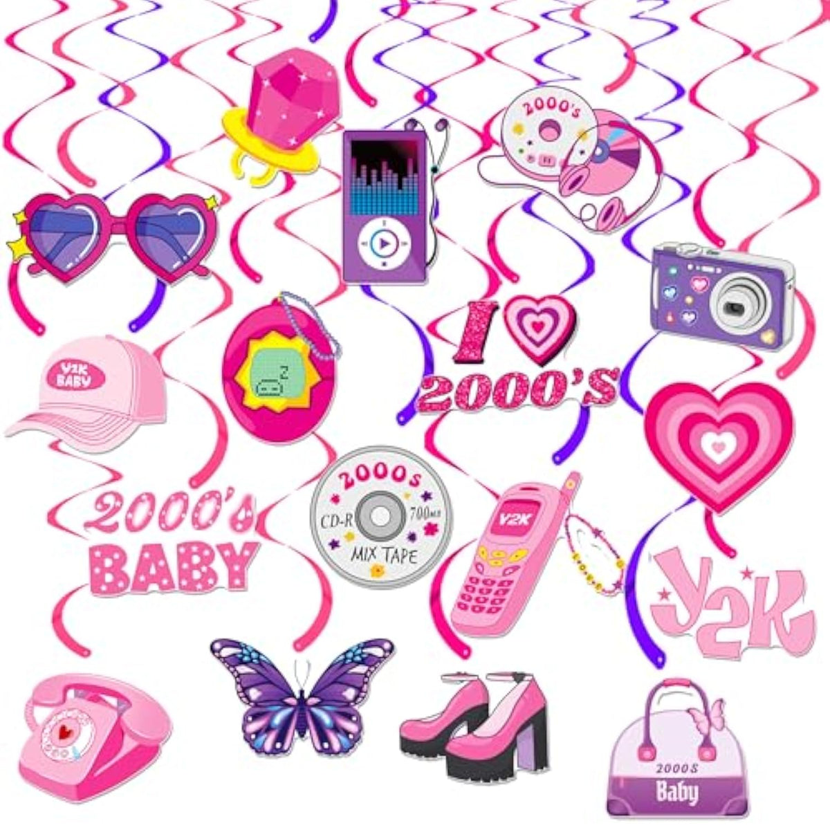 20Pcs Y2K Party Hanging Swirls 2000S Pink Birthday Party Decorations For Girls I Love 00‘S Theme Ceiling Swirl Streamers For Hot Girl Bday Retro 2000S Female Bachelorette Party Supplies