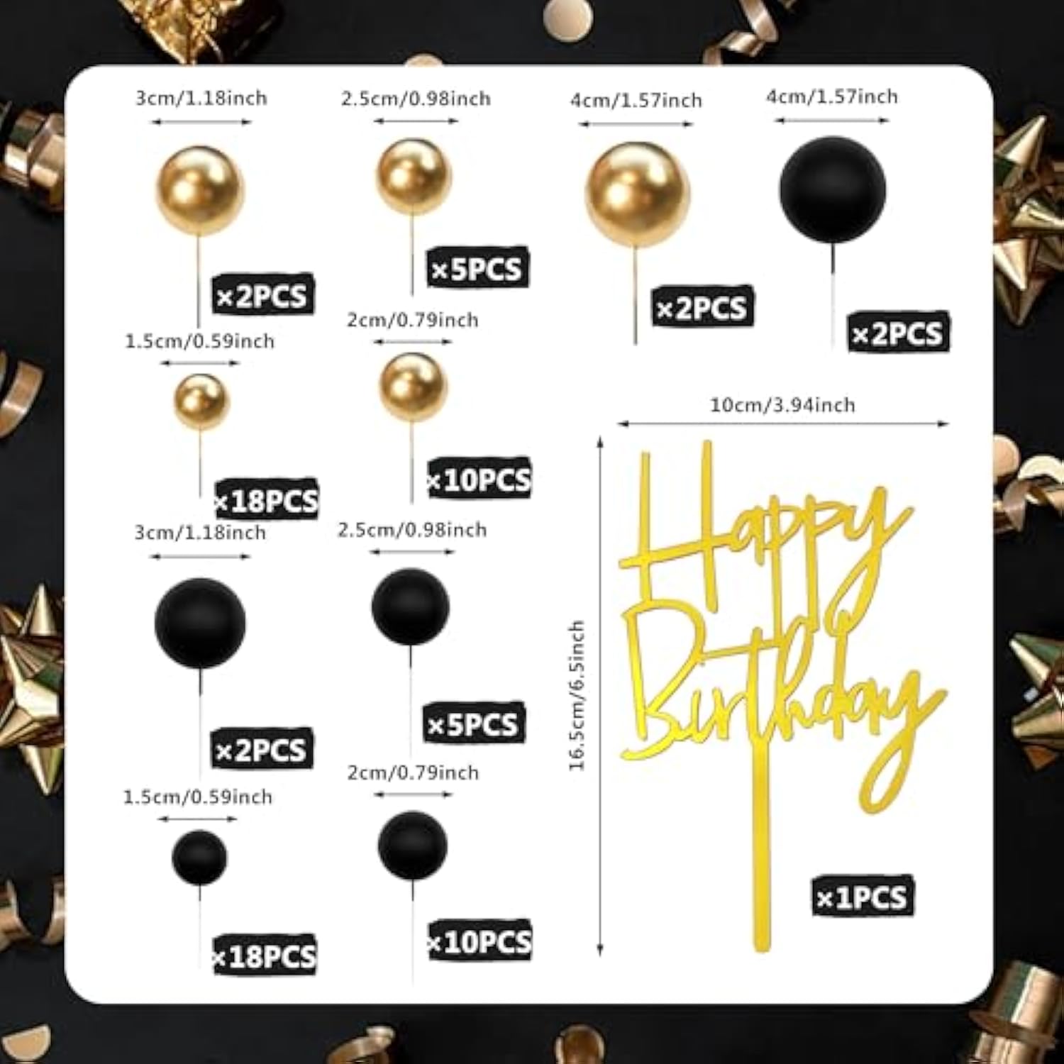 75 Pcs Black And Gold Cake Decorations Balls Happy Birthday Insert Cards For Diy Cake Decoration Baby Shower Wedding Birthday Party