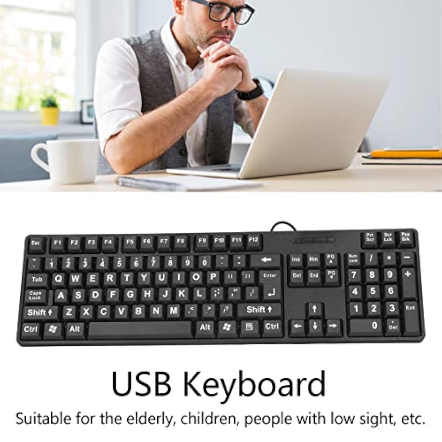 Wired Large Print Keyboard, 104 Keys Large Character Design Plug And Play Usb