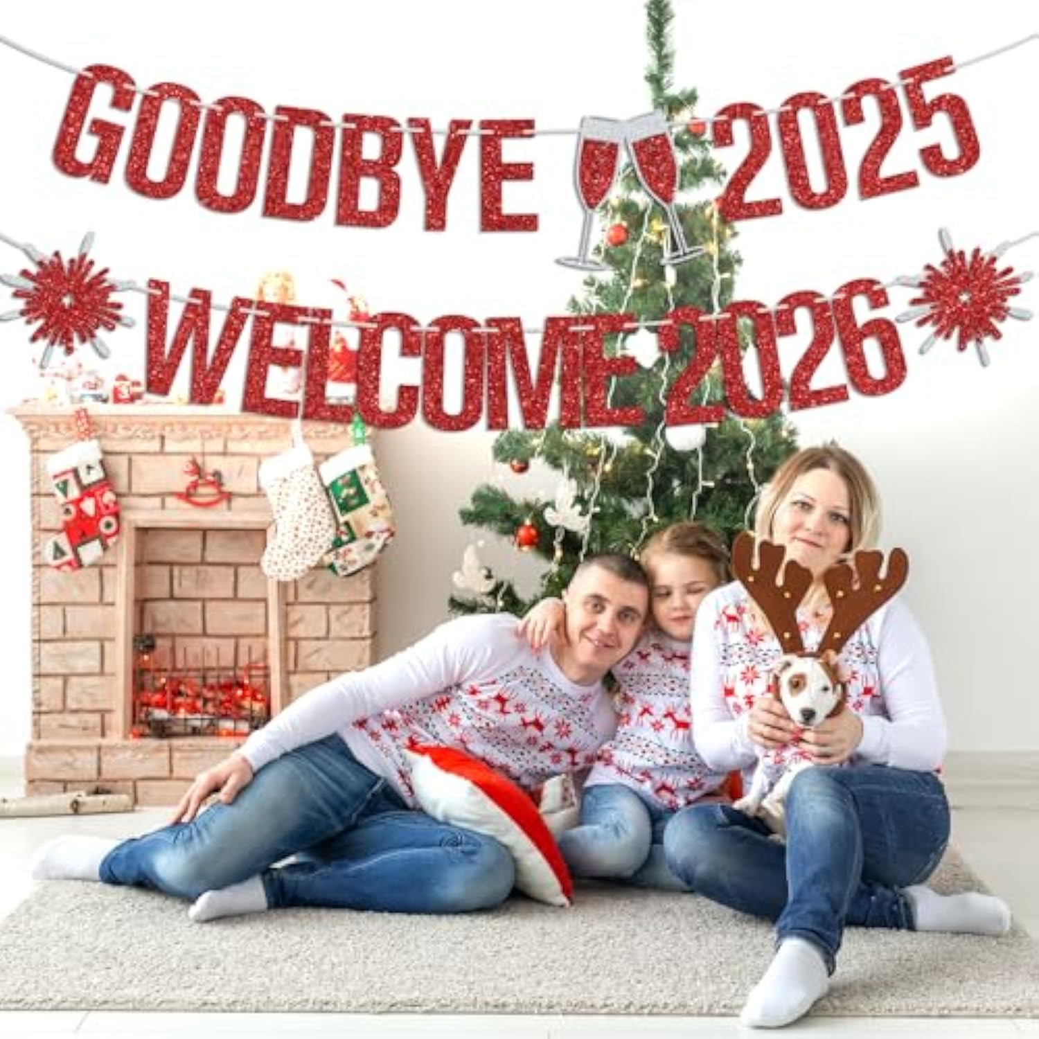 Goodbye 2025 Welcome 2026 Banner Red Glitter New Year Party Decorations