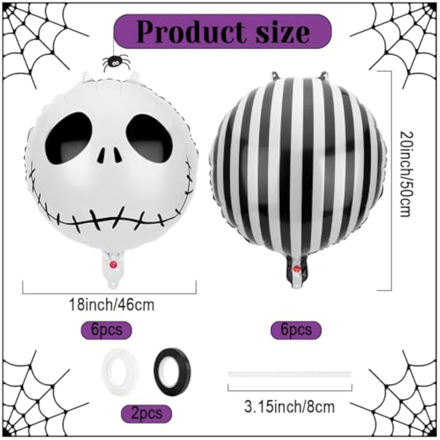 12 Pcs Halloween Skull Foil Black And White Striped Balloons(18 Inch) Nightmare Honor Theme Birthday Party Decorations Spooky Ghost Skeleton Cat Baby Shower Day Of The Dead Indoor Outdoor Decor