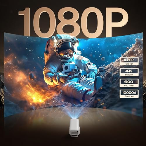 Smart Projector With Wifi 6 And Bluetooth 5.4, 600 Ansi Native 1080P Portable Mini Projector With Auto Focus & Keystone, 270° Rotatable For Bedroom Home Theater Outdoor Movie White&Gray