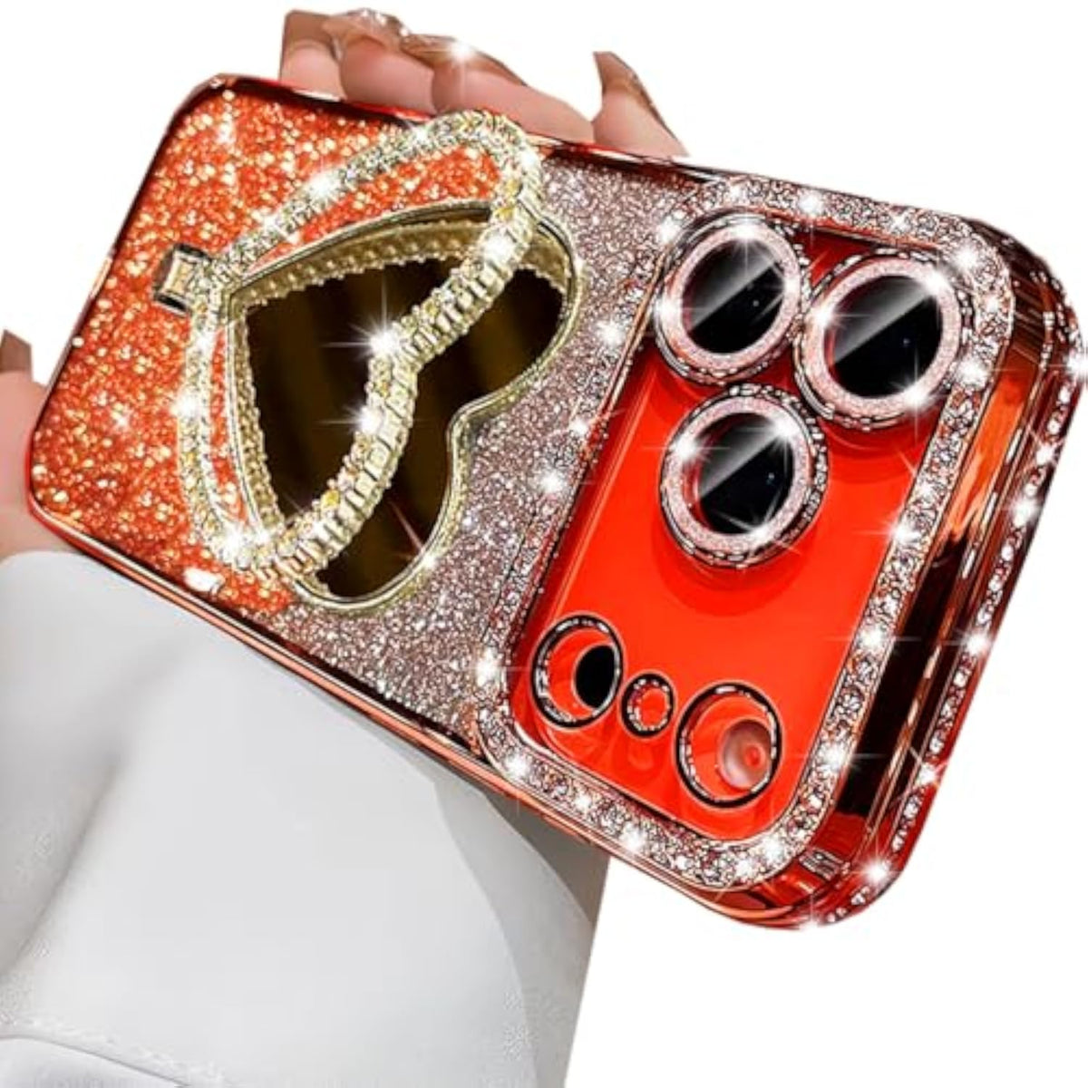 Glitter Mirror Kickstand Case for iPhone 17 Pro Max, Cute Bling Sparkly Rhinestones Diamond Case with Camera Protector & Heart Makeup Mirror Stand Women Girls Cover for iPhone 17 Pro Max, Orange
