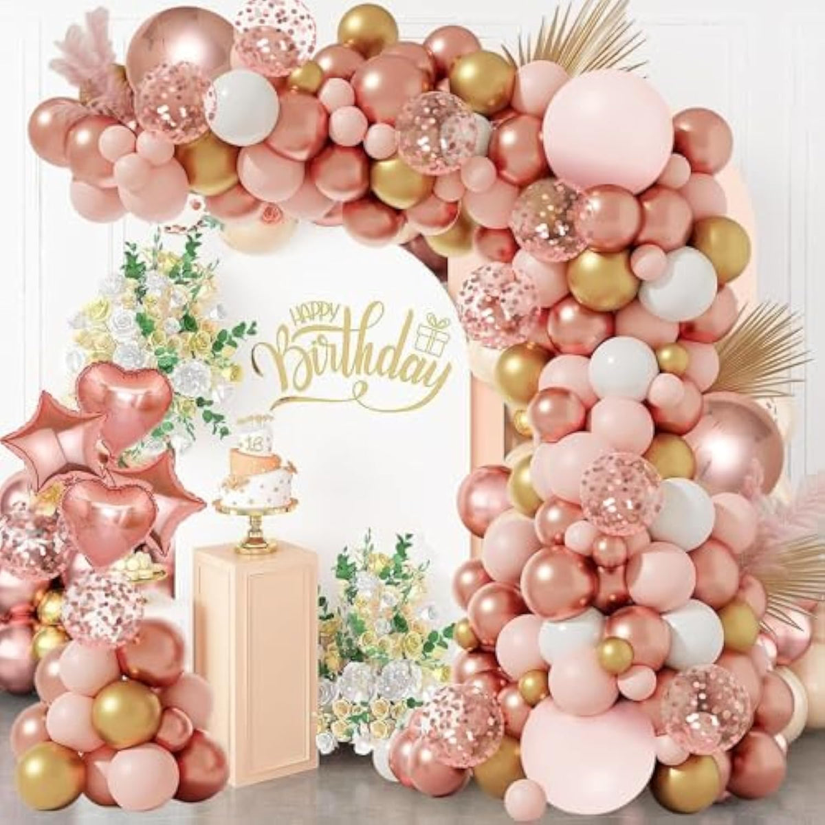 Rose Gold Balloon Garland Arch Kit, 129Pcs Rose Gold Pink White And Gold Confetti Latex Balloons For Baby Shower Wedding Birthday Graduation Anniversary Bachelorette Party Decorations…