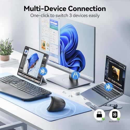 Ergonomic Mouse Rechargeable Bluetooth - 4800 Dpi Vertical Mice 6 Adjustable Levels, Wireless Optical Carpal Tunnel Mouse Right Hand, Multi Device For Laptop, Pc, Computer, Macbook - Black