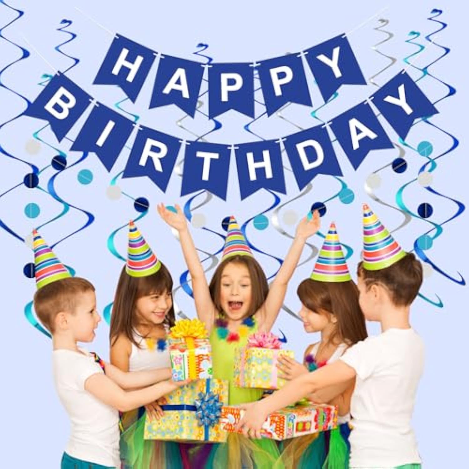 Navy Blue Birthday Decorations: Banner, Hanging Swirls, Pennant, & Garland String