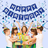 Navy Blue Birthday Decorations: Banner, Hanging Swirls, Pennant, & Garland String